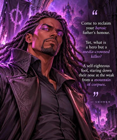 Shonen Kartia with violet eyes and long braids in a ruined purple-lit hall, beside his words about heroes.