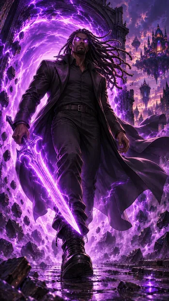 Shonen Kartia strides forward through a swirling purple vortex, coat billowing, glowing sword in hand.