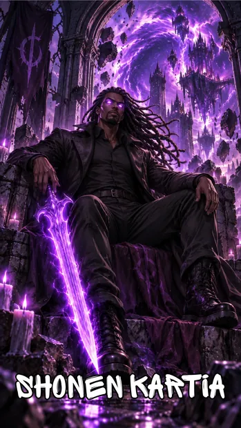 Shonen Kartia sits on a ruined stone throne with glowing purple eyes, a purple-lit sword planted at his feet.