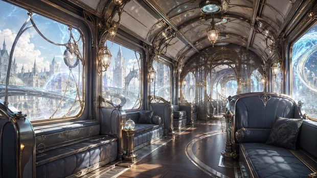 Sunlight fills an ornate silver train carriage with curved windows and upholstered seating.