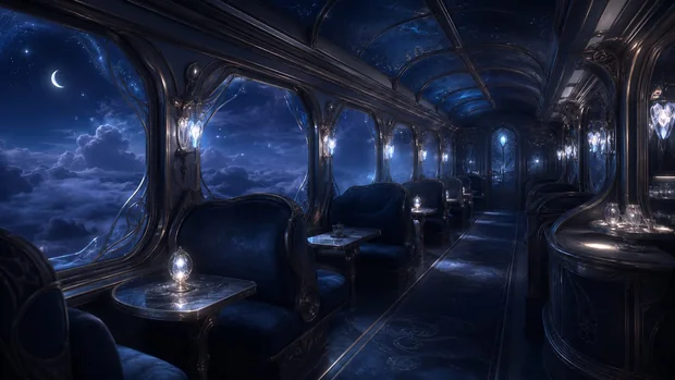 A quiet train carriage at night, its curved windows filled with moonlit clouds.