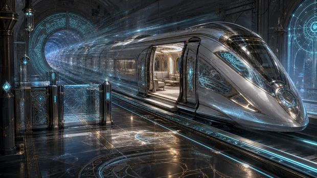 A sleek silver train waits beside a platform illuminated by blue runes.