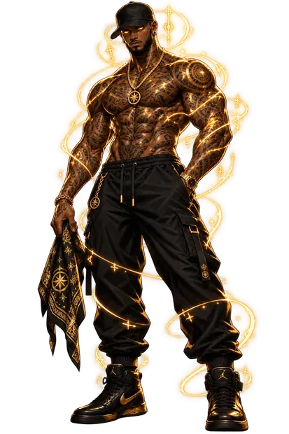 Truth stands bare-chested in a black cap and cargo trousers, gold light spiralling around his tattooed body, a compass pendant on his chest and his bandana in one hand.