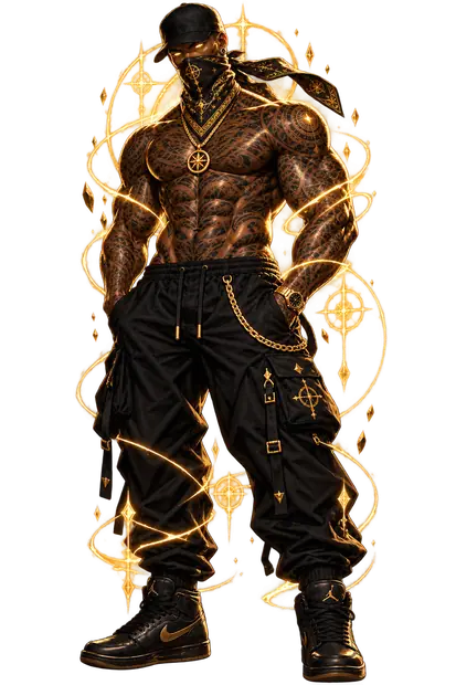 Truth, masked by a gold-starred bandana, his eyes glowing beneath a black cap, stands bare-chested among spirals of golden light with his thumbs hooked in his pockets.