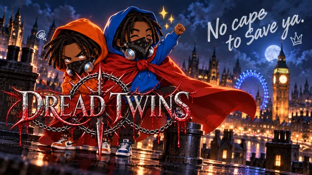 Chibi Dread Twins in orange and blue hoodies share a red cape above the London skyline.