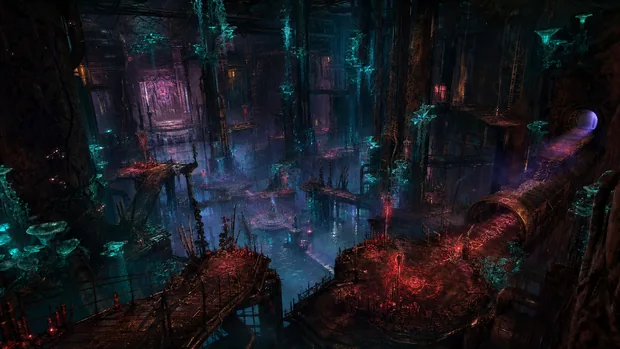 A dark city district of ruined towers, industrial walkways and luminous vegetation.