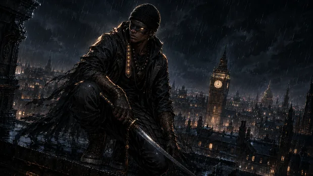 Whisper crouches on a wet rooftop in a black beanie, dark face wrappings and layered black clothing, with Big Ben behind him.
