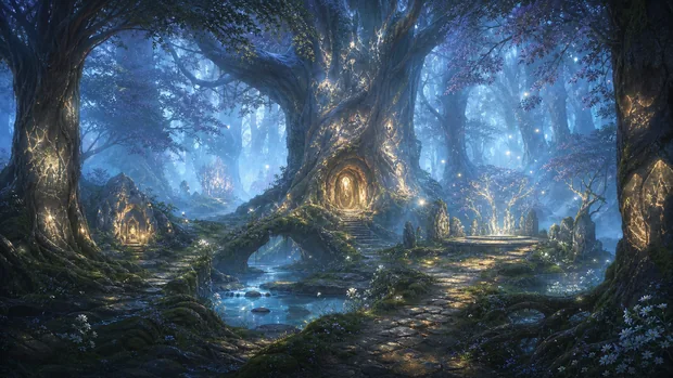 A path winds through enormous trees with luminous markings and doorways, beneath a blue forest canopy.