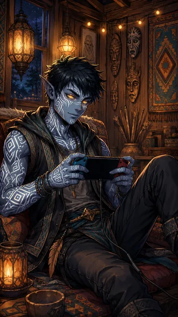 Yukon sits with a handheld game in a wood-panelled room, his blue skin and pale luminous markings visible.