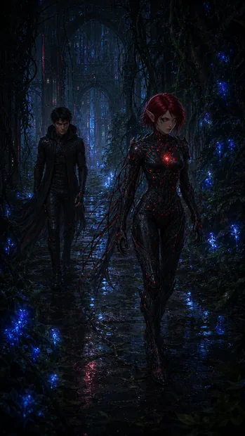Zara, with a short crimson bob and a glowing red core in dark armour, walks through a blue-lit city overgrown with vegetation.