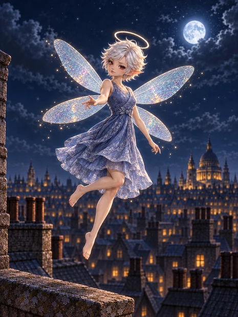 Greah hovers beside a London chimney with one hand outstretched, four iridescent wings and both feet visible against the night sky.