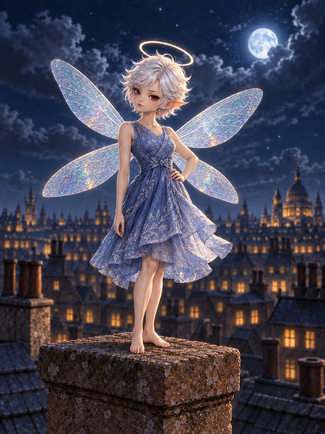 Greah stands on a London chimney brick, with white hair, crimson eyes, a luminous halo, a blue embroidered dress and four iridescent wings.