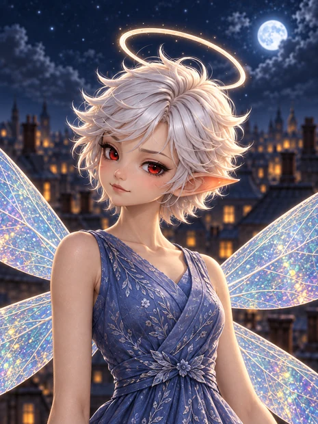 A close portrait of Greah, her crimson eyes and knowing smile framed by white hair, a luminous halo and iridescent wings.