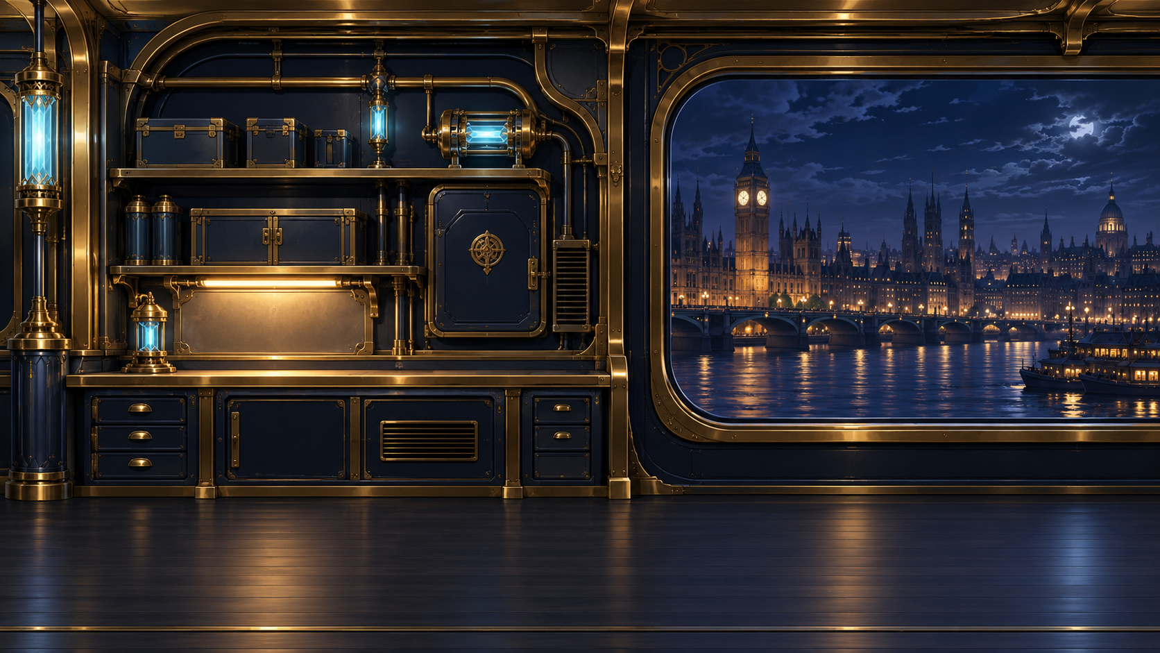 An elegant brass and midnight-blue Streamliner maintenance bay, with tiny machinery, a broad floor and a window over London.