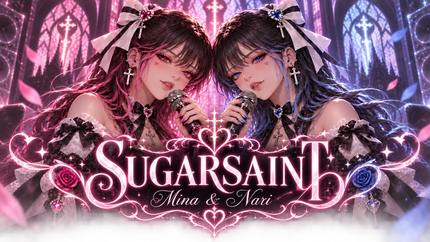 Mina and Nari singing into microphones beneath pink and blue stained-glass windows, framed by the SUGARSAINT name.